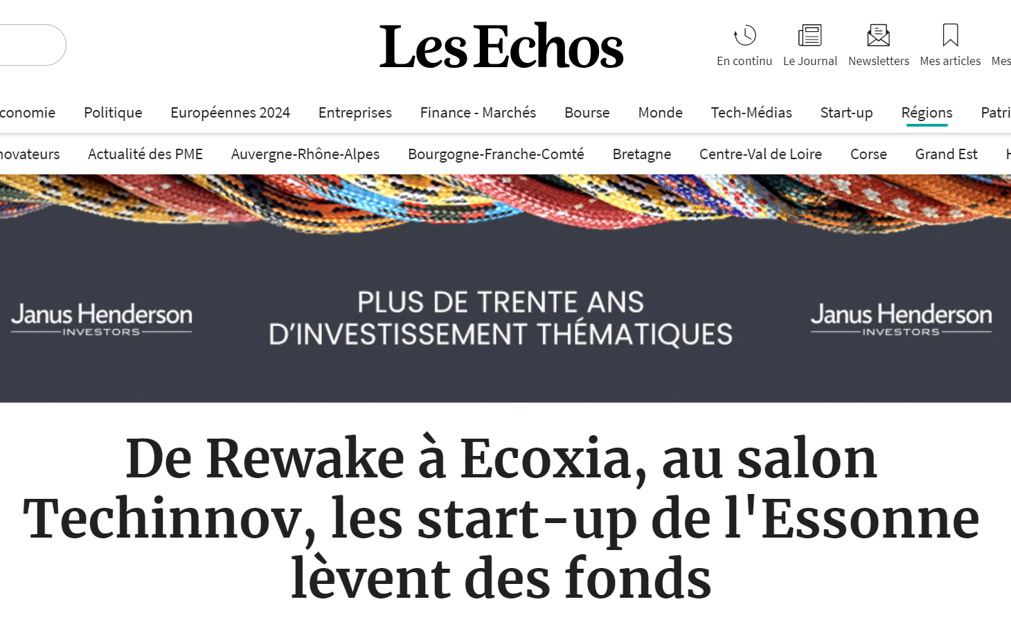 Capture d'écran du site Les Echos : article sur ecoXia